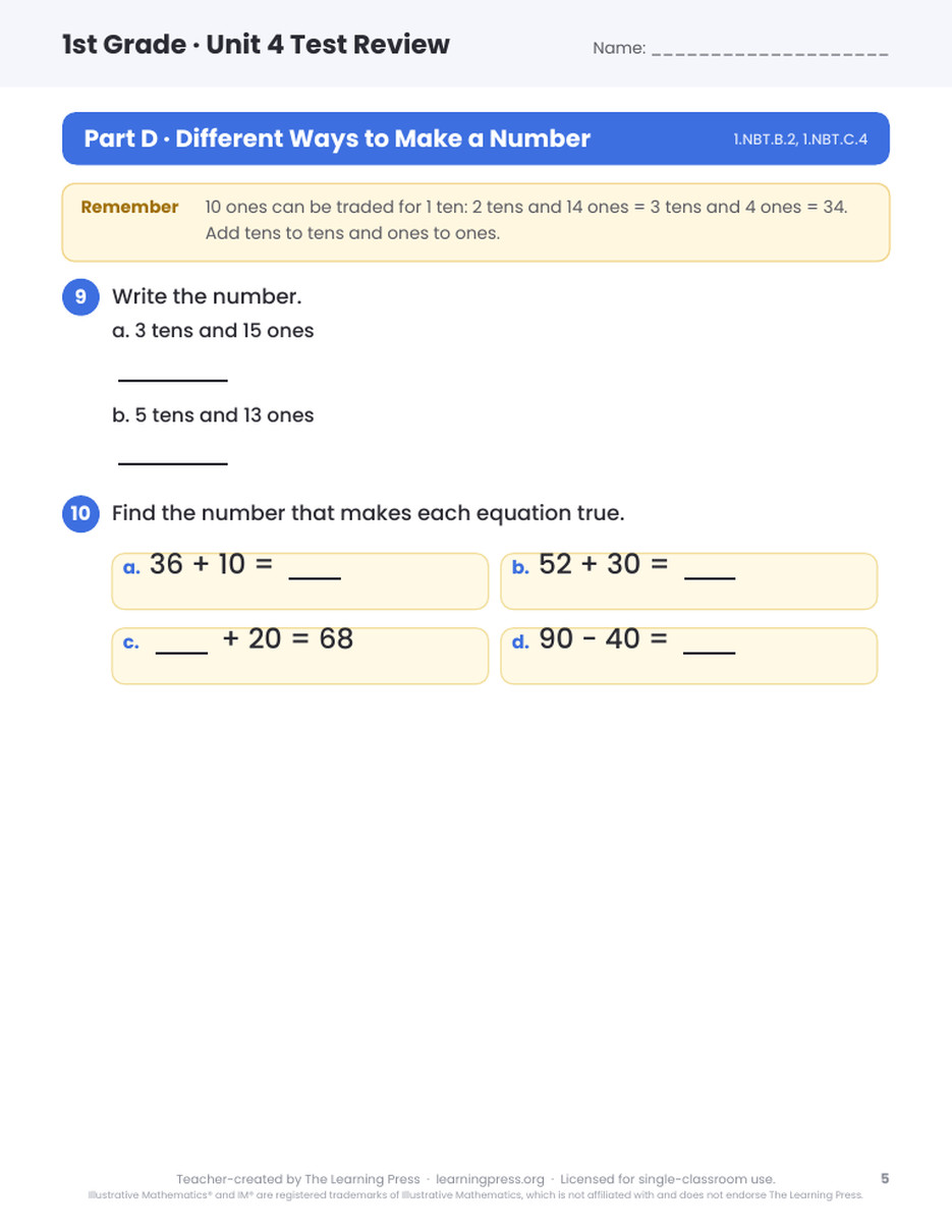 Preview page 4 of Illustrative Math (IM®) Aligned 1st Grade Unit 4 Test Review