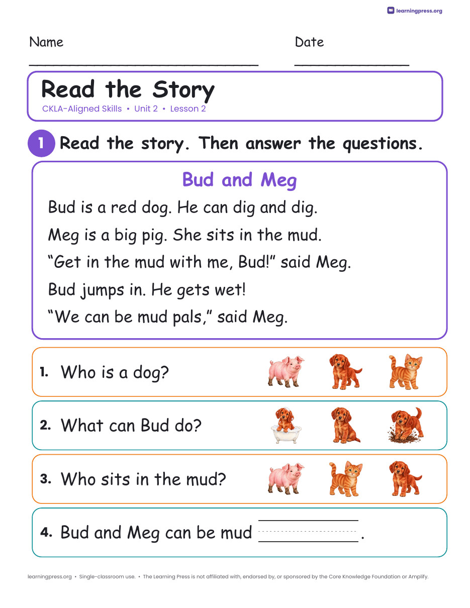 Preview page 2 of CKLA-Aligned Grade 1 Skills Unit 2 Worksheets (Lessons 1–19)
