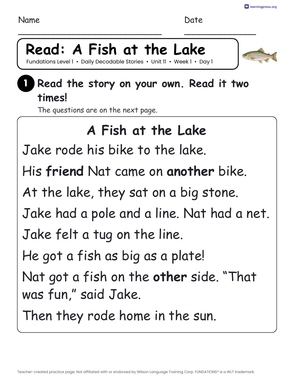 Preview page 1 of Fundations Level 1 Unit 11 Daily Decodable Stories