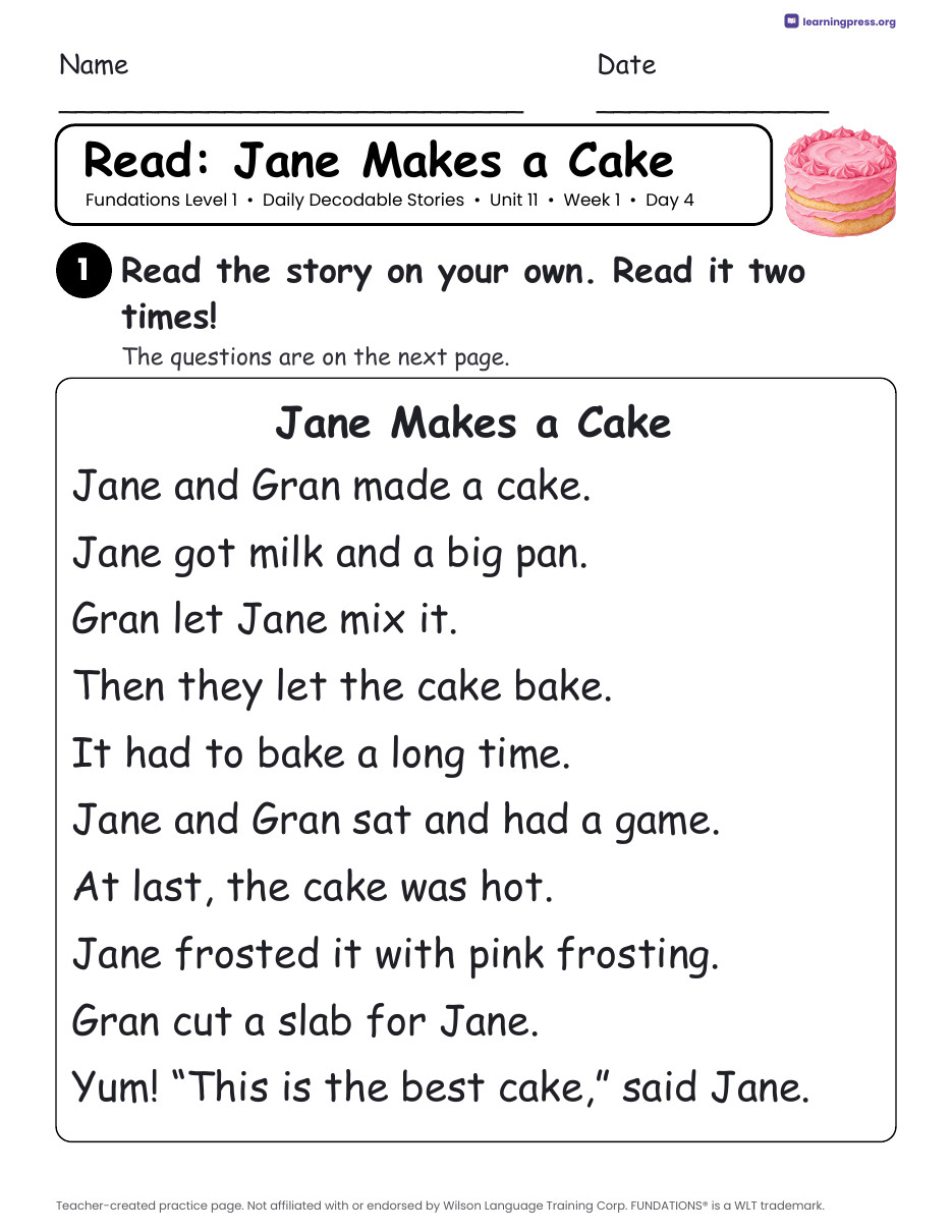 Preview page 2 of Fundations Level 1 Unit 11 Daily Decodable Stories