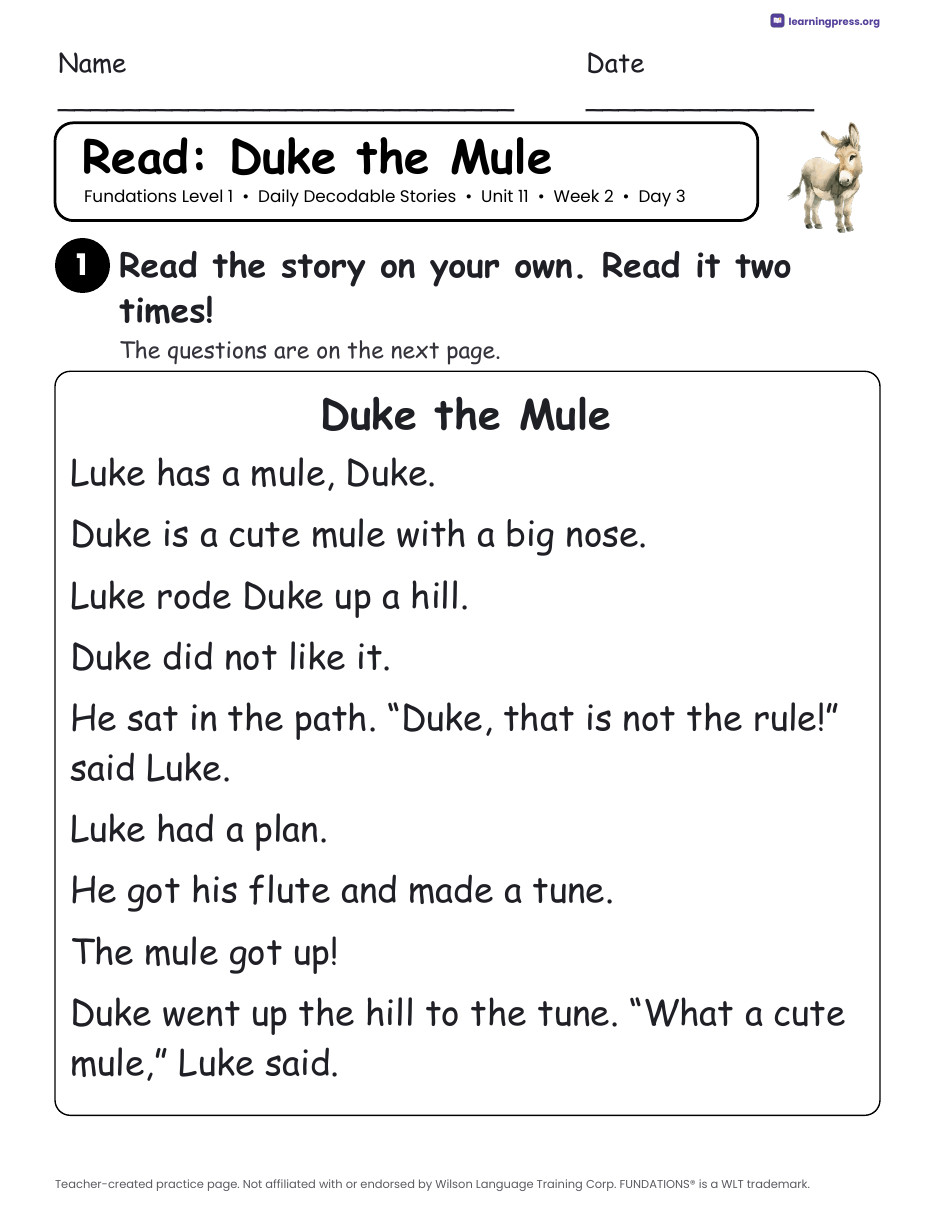 Preview page 3 of Fundations Level 1 Unit 11 Daily Decodable Stories