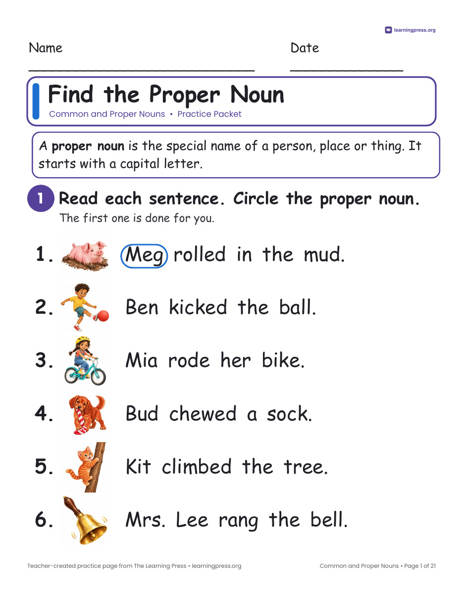 Preview page 1 of Common and Proper Nouns Worksheets, Posters & Slides