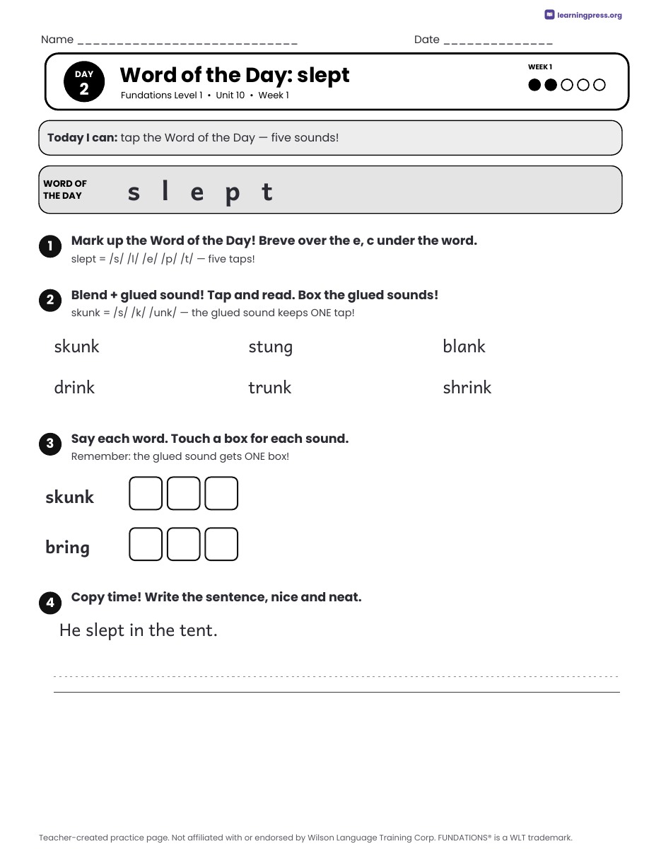 Preview page 1 of Fundations Level 1 Unit 10 Daily Lesson Work Pages