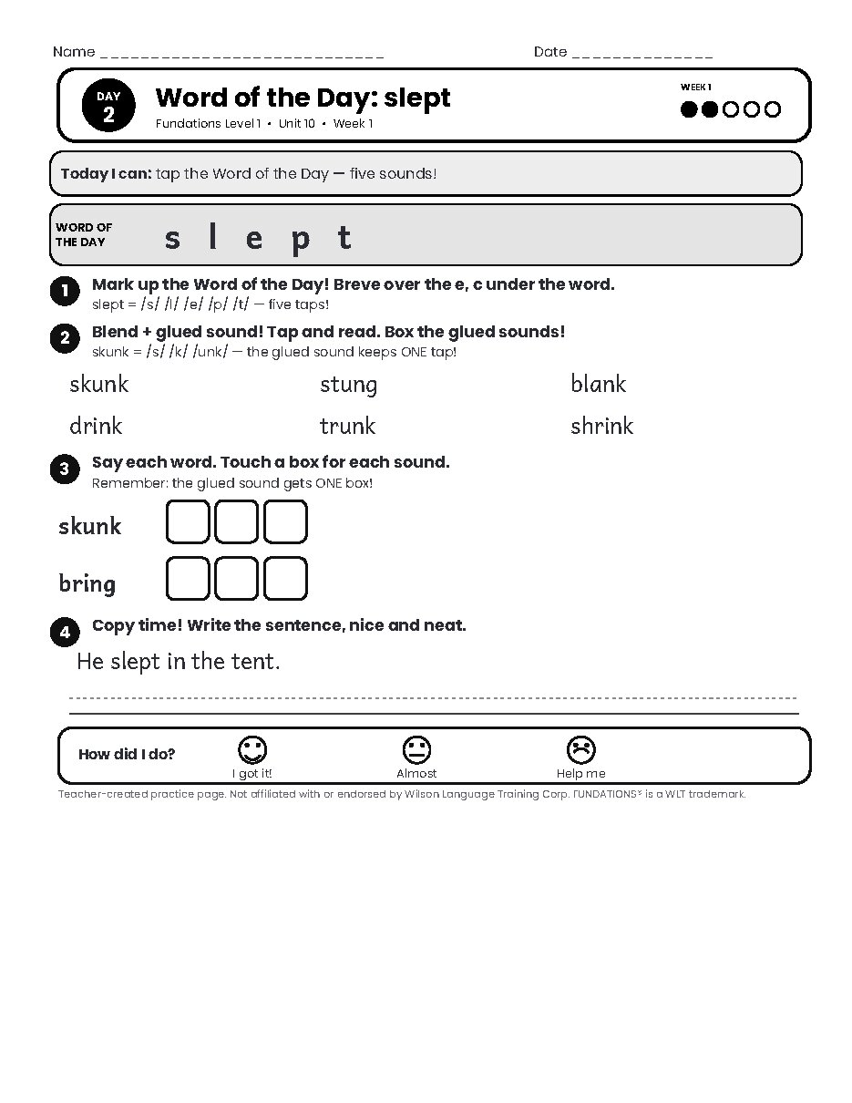 Preview page 3 of Fundations Level 1 Unit 10 Practice Pack