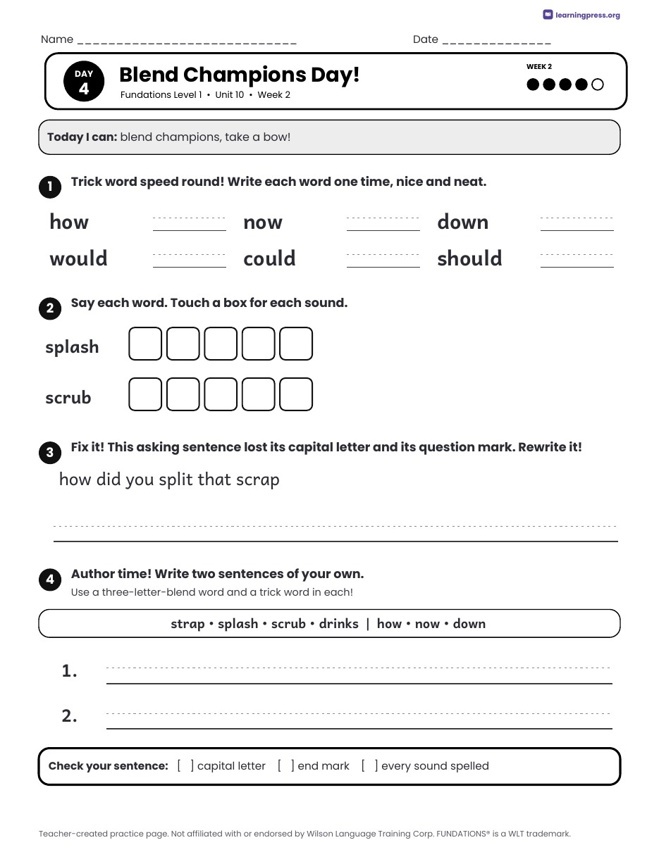 Preview page 3 of Fundations Level 1 Unit 10 Daily Lesson Work Pages