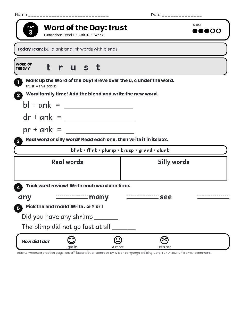 Preview page 4 of Fundations Level 1 Unit 10 Practice Pack