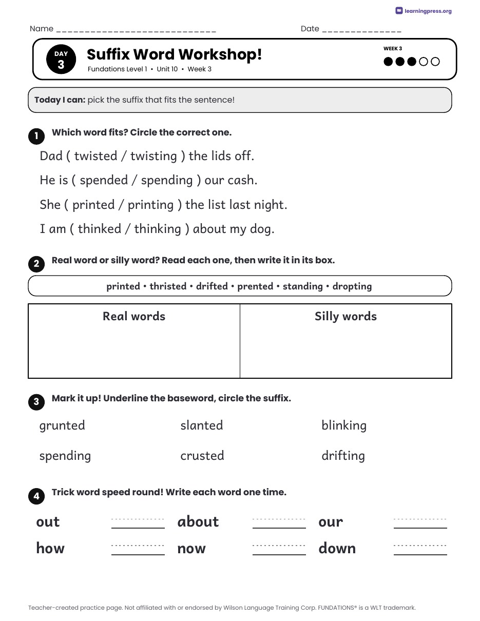 Preview page 4 of Fundations Level 1 Unit 10 Daily Lesson Work Pages