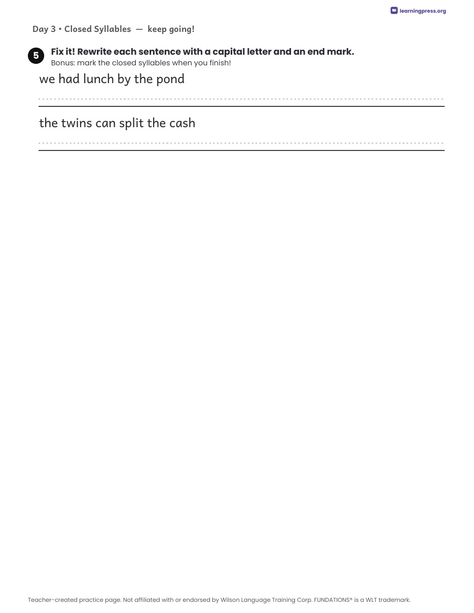 Preview page 4 of Fundations Level 2 Unit 1 Daily Lesson Work Pages