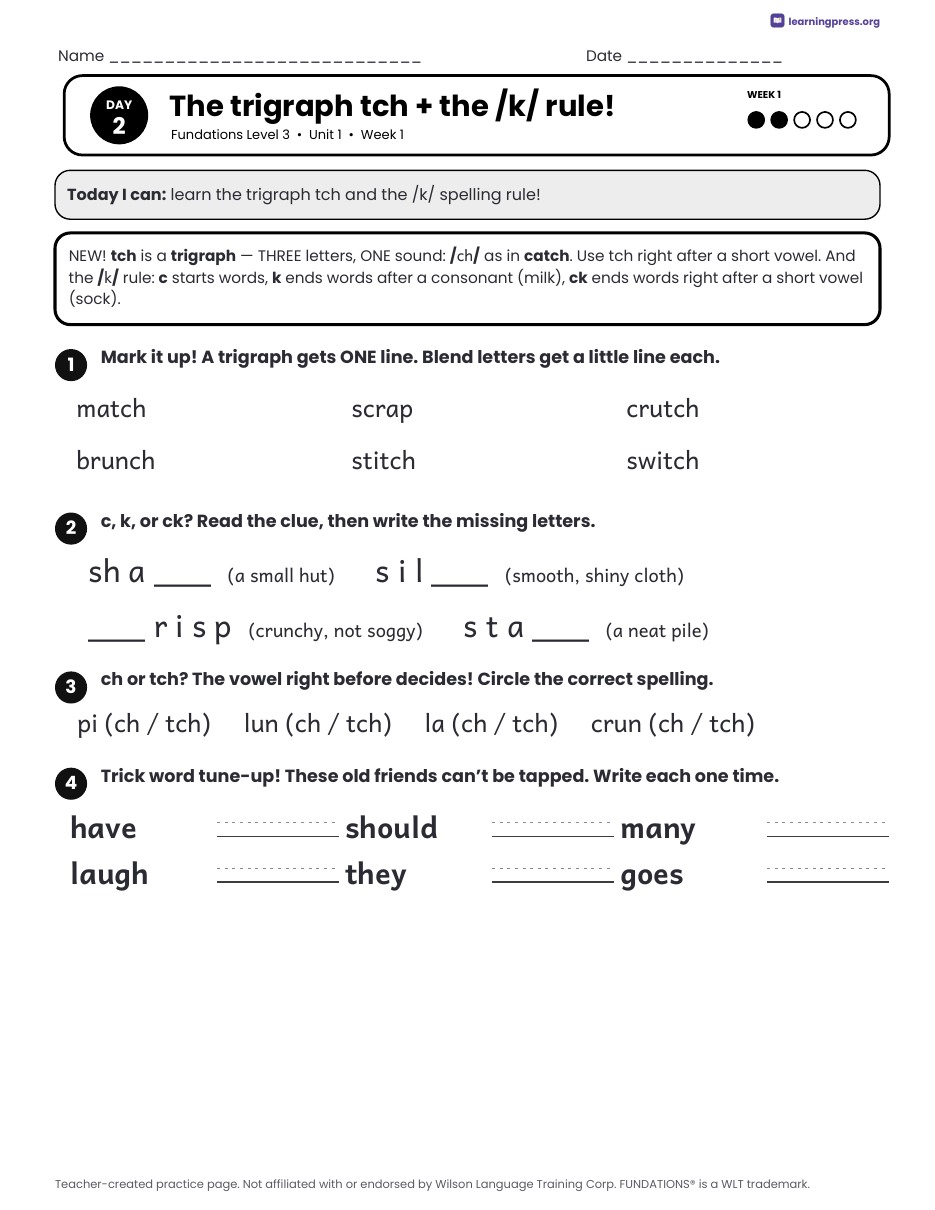 Preview page 1 of Fundations Level 3 Unit 1 Daily Lesson Work Pages