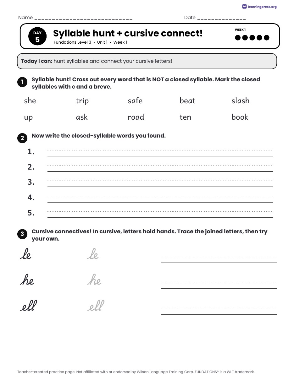 Preview page 2 of Fundations Level 3 Unit 1 Daily Lesson Work Pages