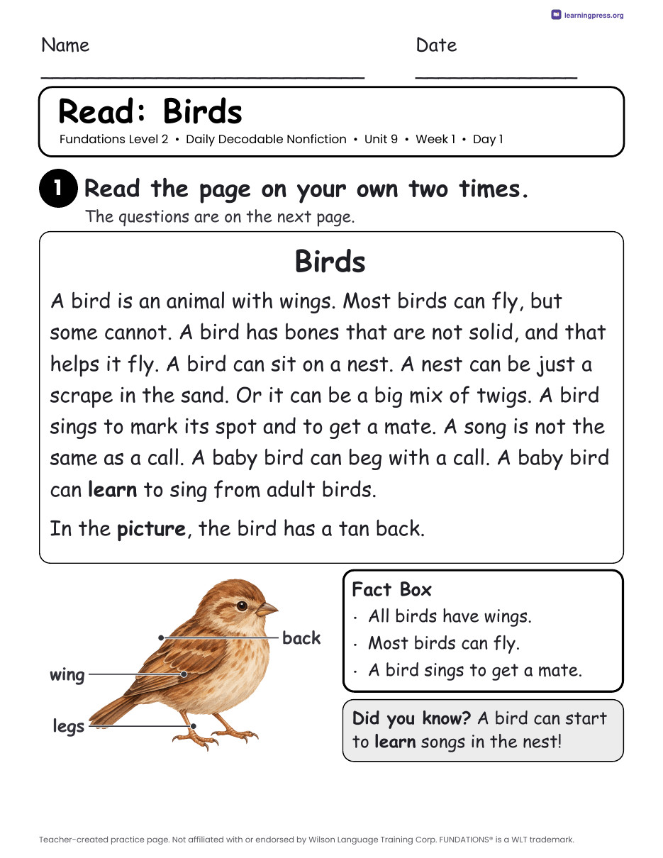 Preview page 1 of Fundations-Aligned Daily Decodable Nonfiction · Level 2 Unit 9