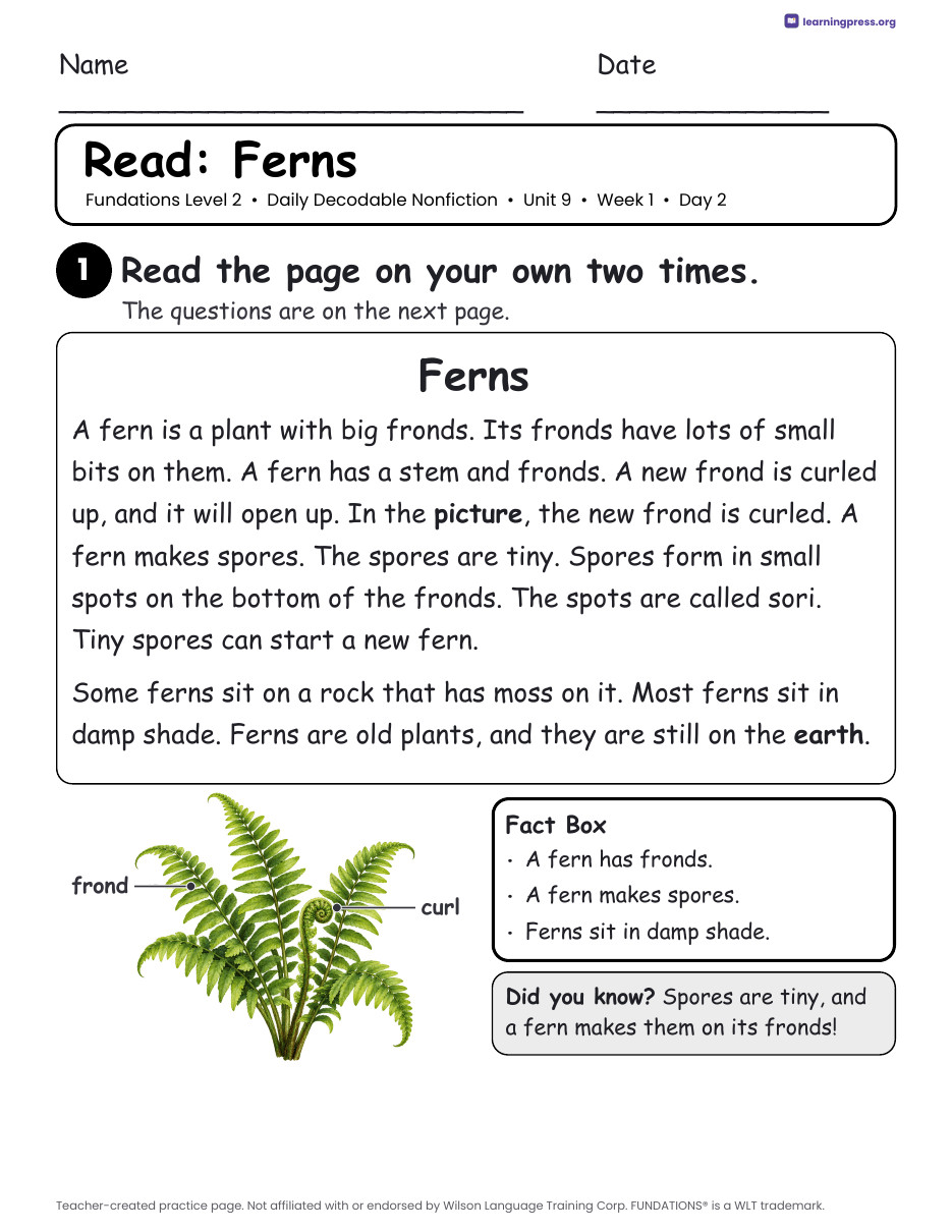 Preview page 3 of Fundations-Aligned Daily Decodable Nonfiction · Level 2 Unit 9