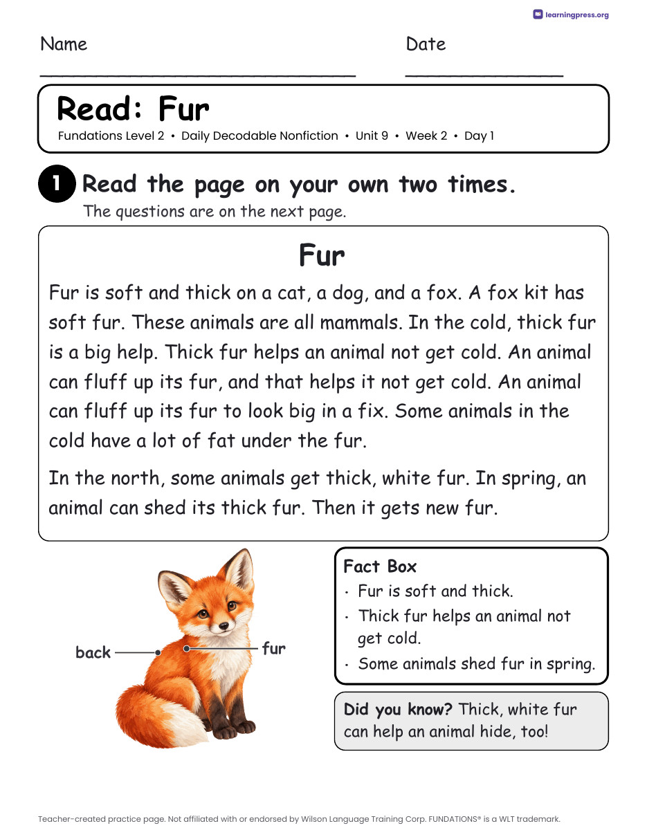 Preview page 4 of Fundations-Aligned Daily Decodable Nonfiction · Level 2 Unit 9