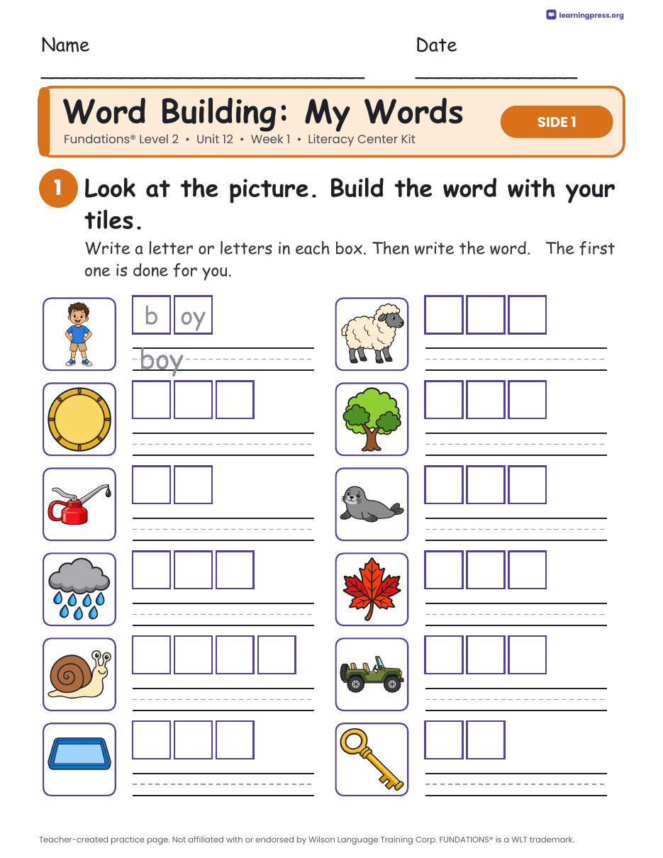 Preview page 2 of Fundations Level 2 Unit 12 Week 1 Literacy Center Kit
