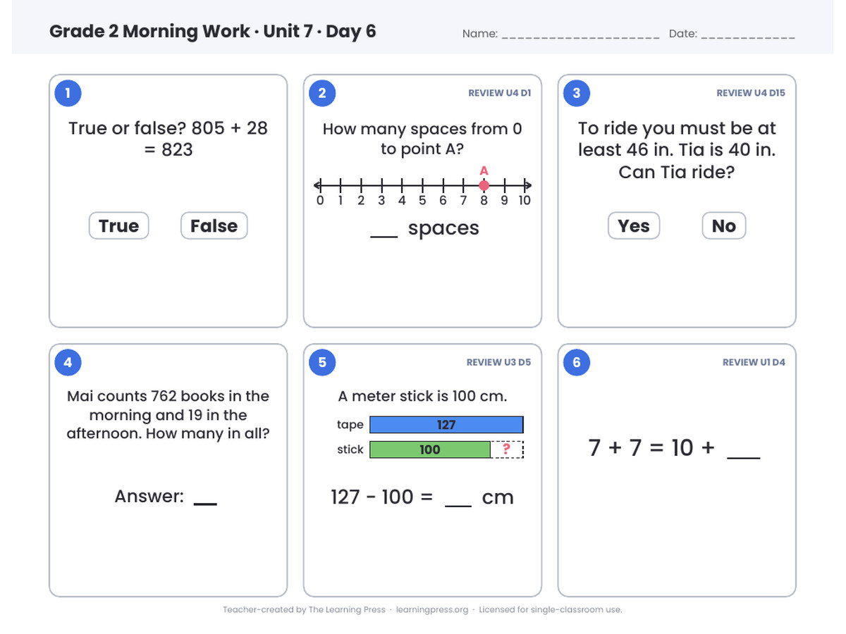 Preview page 2 of Illustrative Math (IM®) Aligned 2nd Grade Unit 7 Morning Work