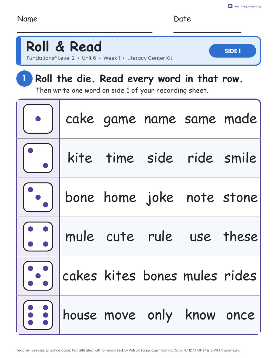 Preview page 1 of Fundations Level 2 Unit 6 Week 1 Literacy Center Kit