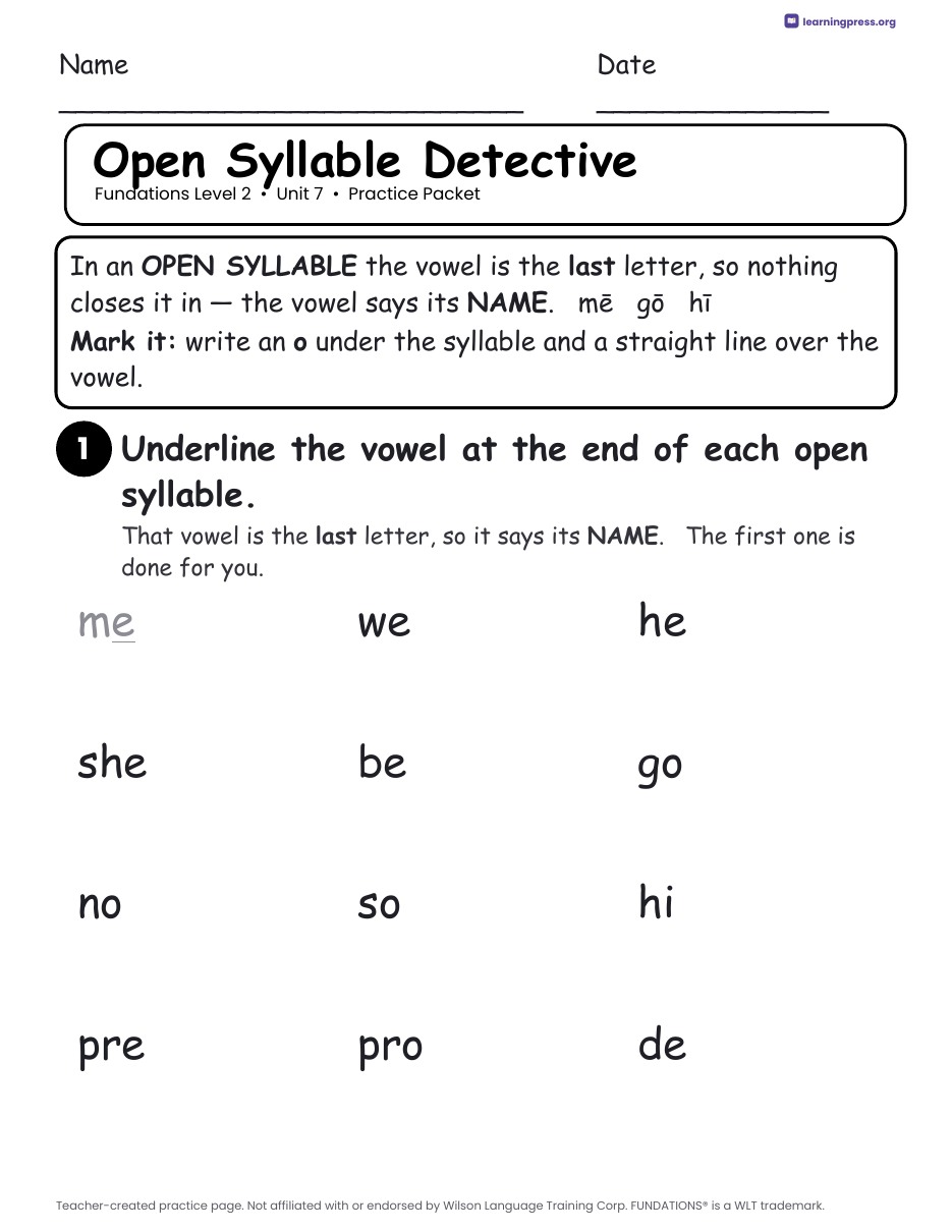 Preview page 1 of Fundations Level 2 Unit 7 Practice Packet