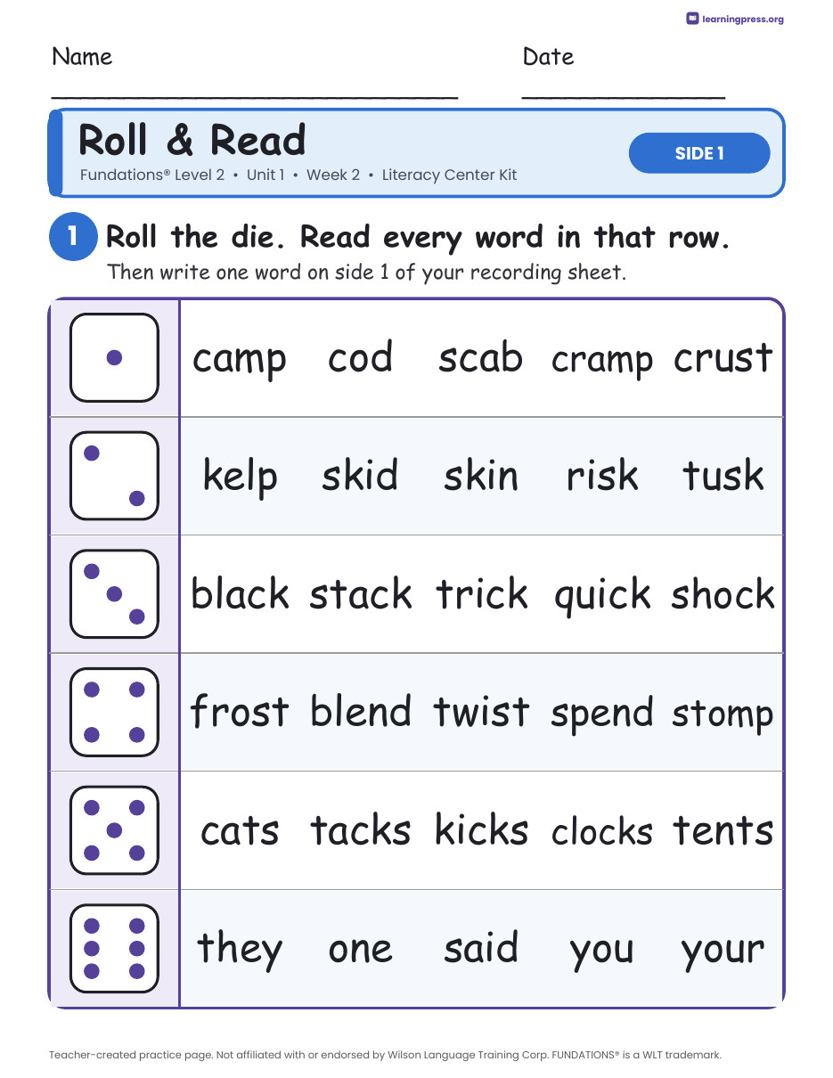 Preview page 1 of Fundations Level 2 Unit 1 Week 2 Literacy Center Kit