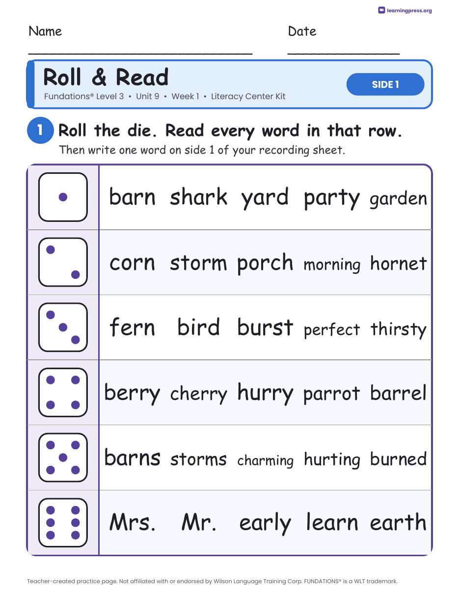 Preview page 1 of Fundations Level 3 Unit 9 Week 1 Literacy Center Kit
