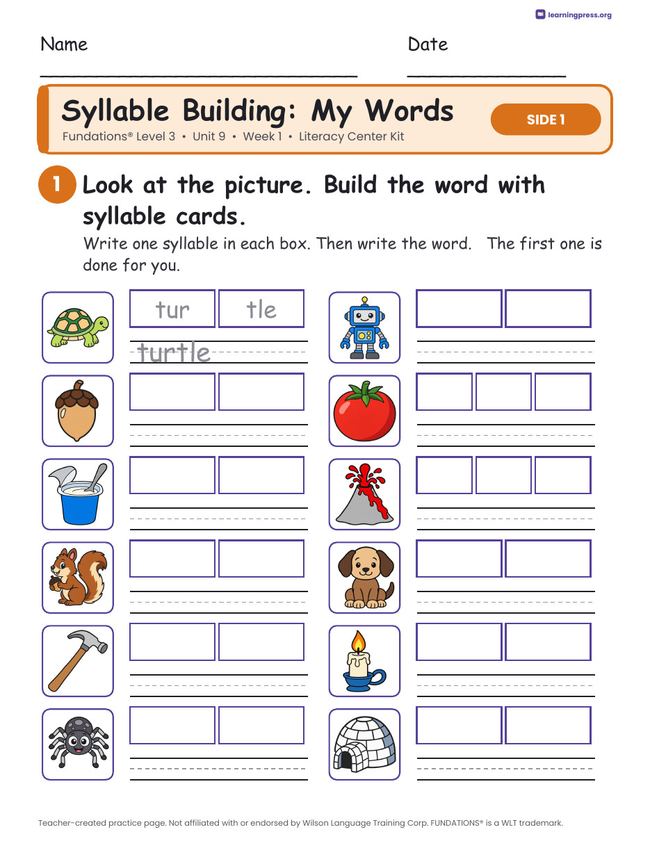 Preview page 2 of Fundations Level 3 Unit 9 Week 1 Literacy Center Kit