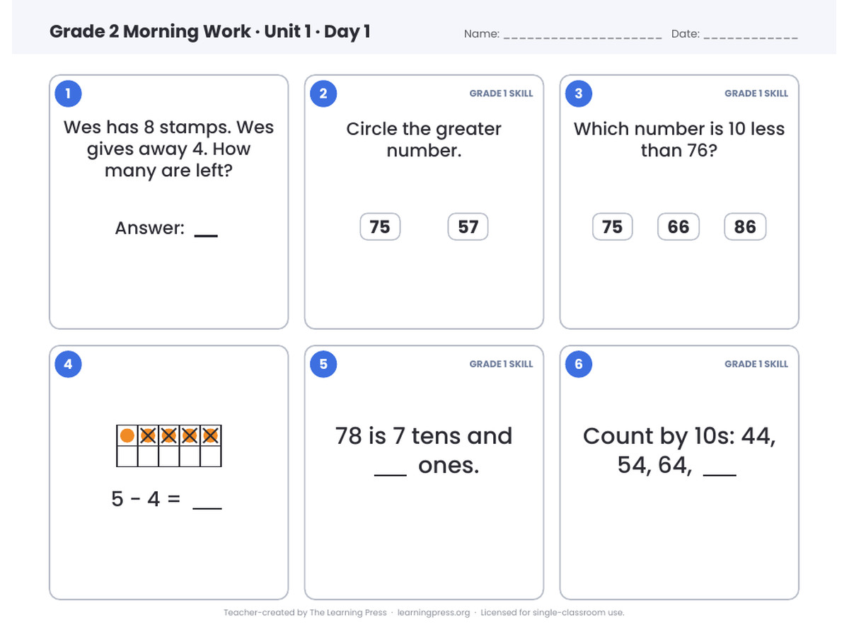 Preview page 1 of Illustrative Math (IM®) Aligned 2nd Grade Unit 1 Morning Work