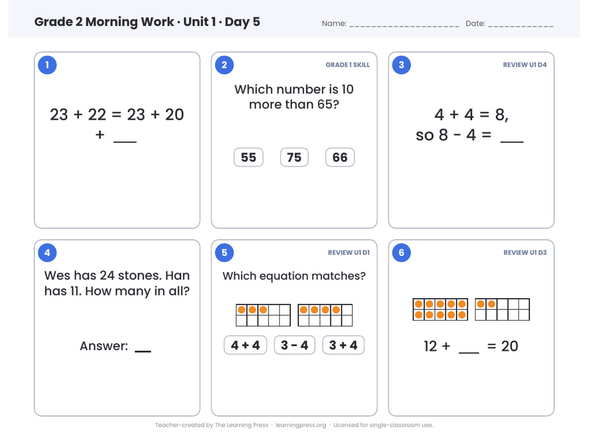 Preview page 2 of Illustrative Math (IM®) Aligned 2nd Grade Unit 1 Morning Work