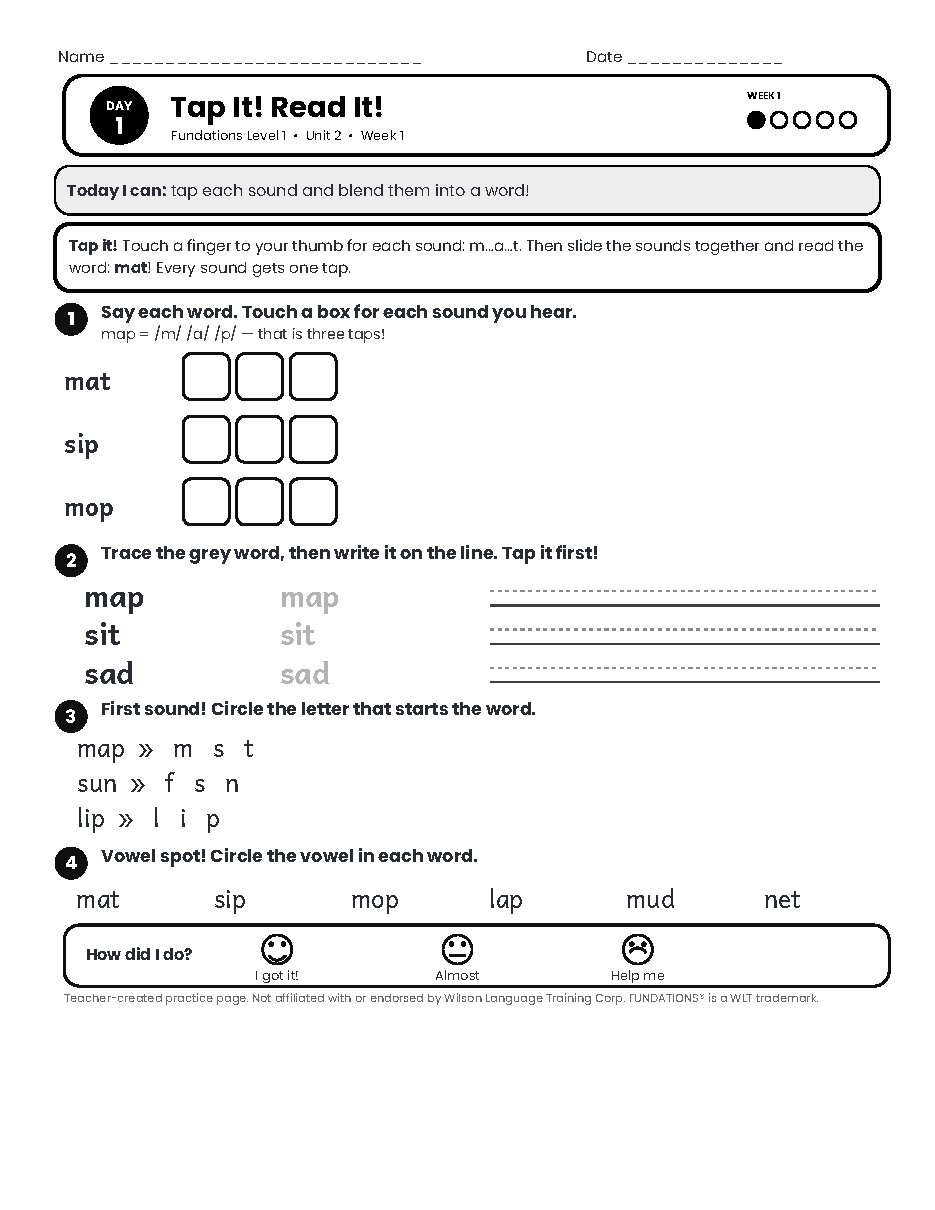 Preview page 2 of Fundations Level 1 Unit 2 Practice Pack