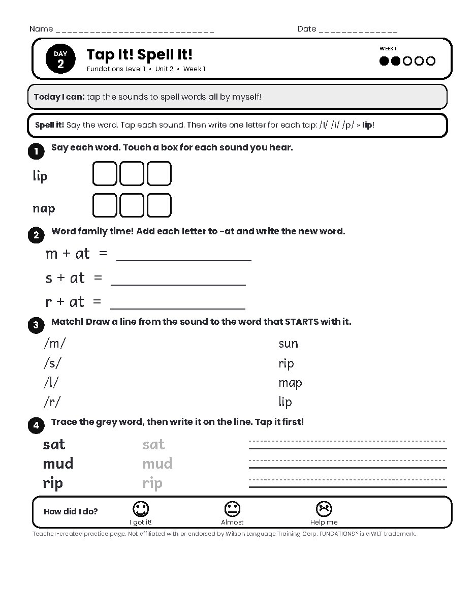 Preview page 3 of Fundations Level 1 Unit 2 Practice Pack