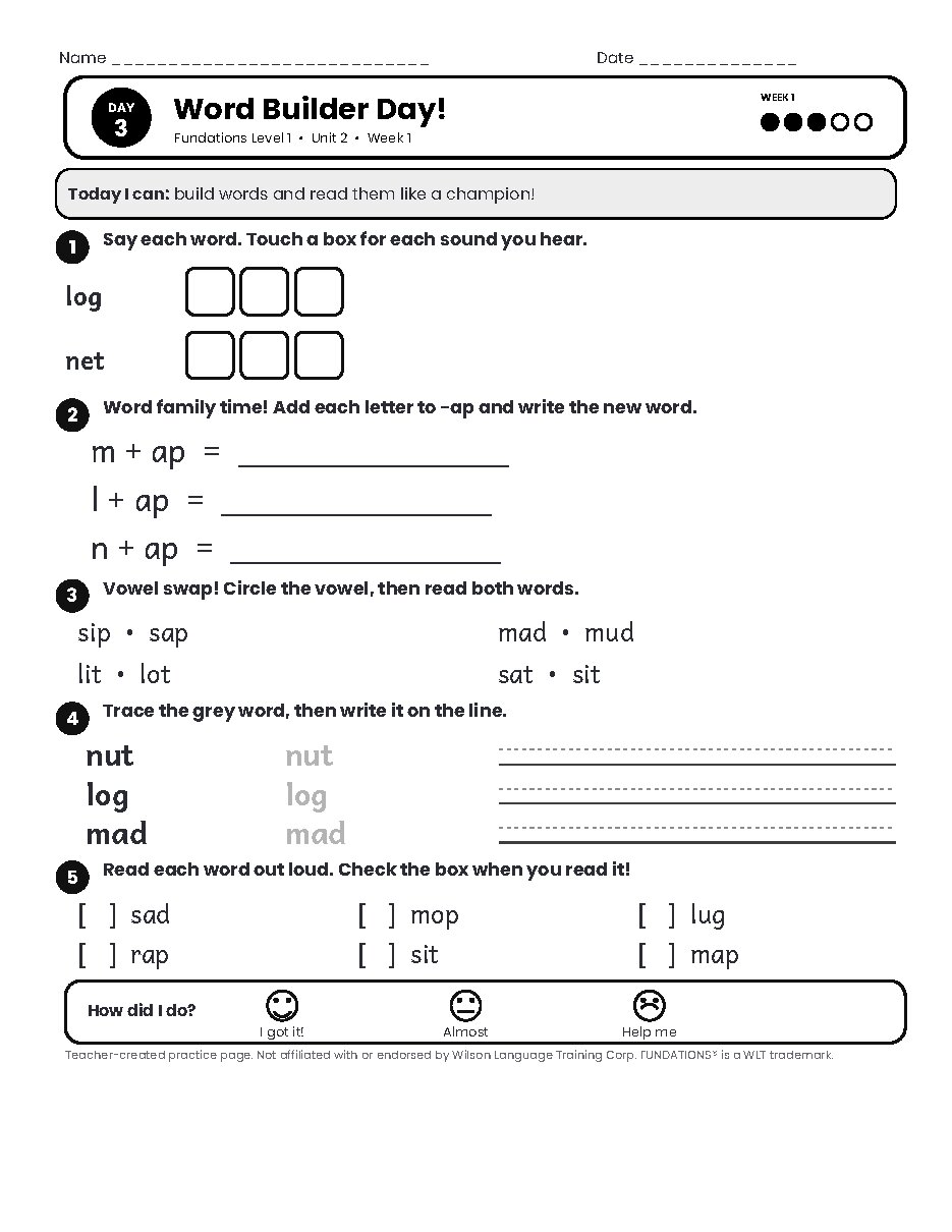 Preview page 4 of Fundations Level 1 Unit 2 Practice Pack
