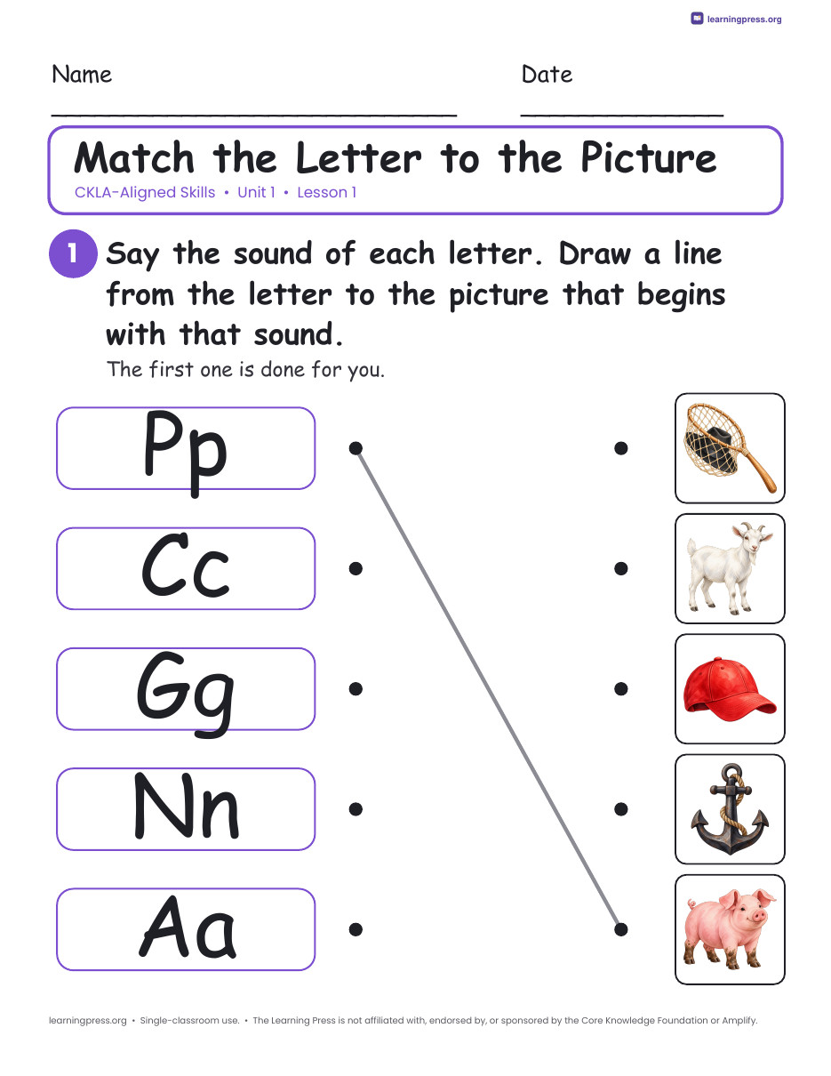 Preview page 1 of CKLA-Aligned Grade 1 Skills Unit 1 Worksheets (Lessons 1–32)
