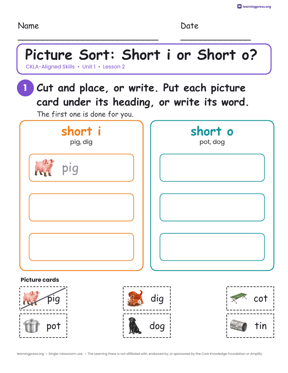 Preview page 2 of CKLA-Aligned Grade 1 Skills Unit 1 Worksheets (Lessons 1–32)