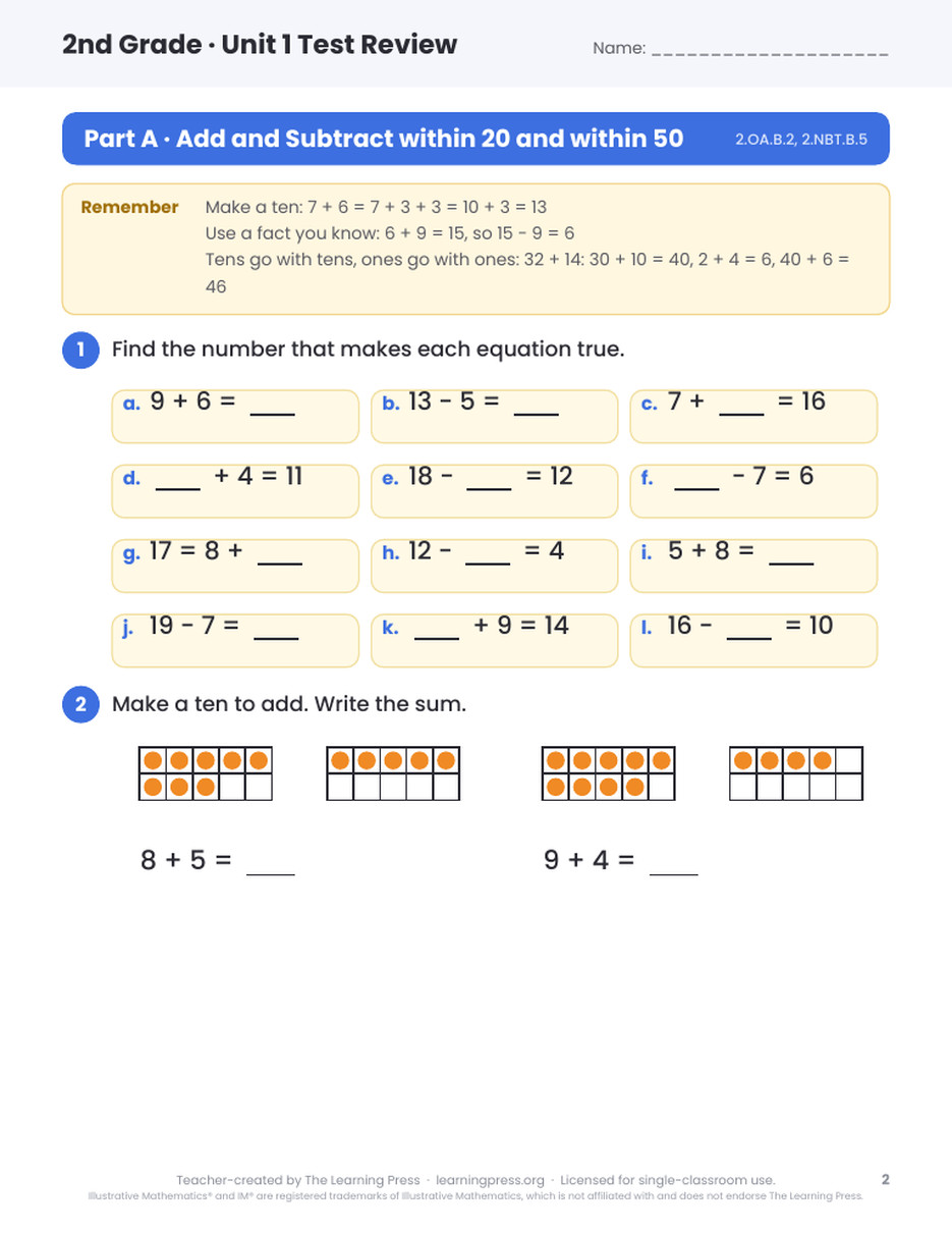 Preview page 1 of Illustrative Math (IM®) Aligned 2nd Grade Unit 1 Test Review