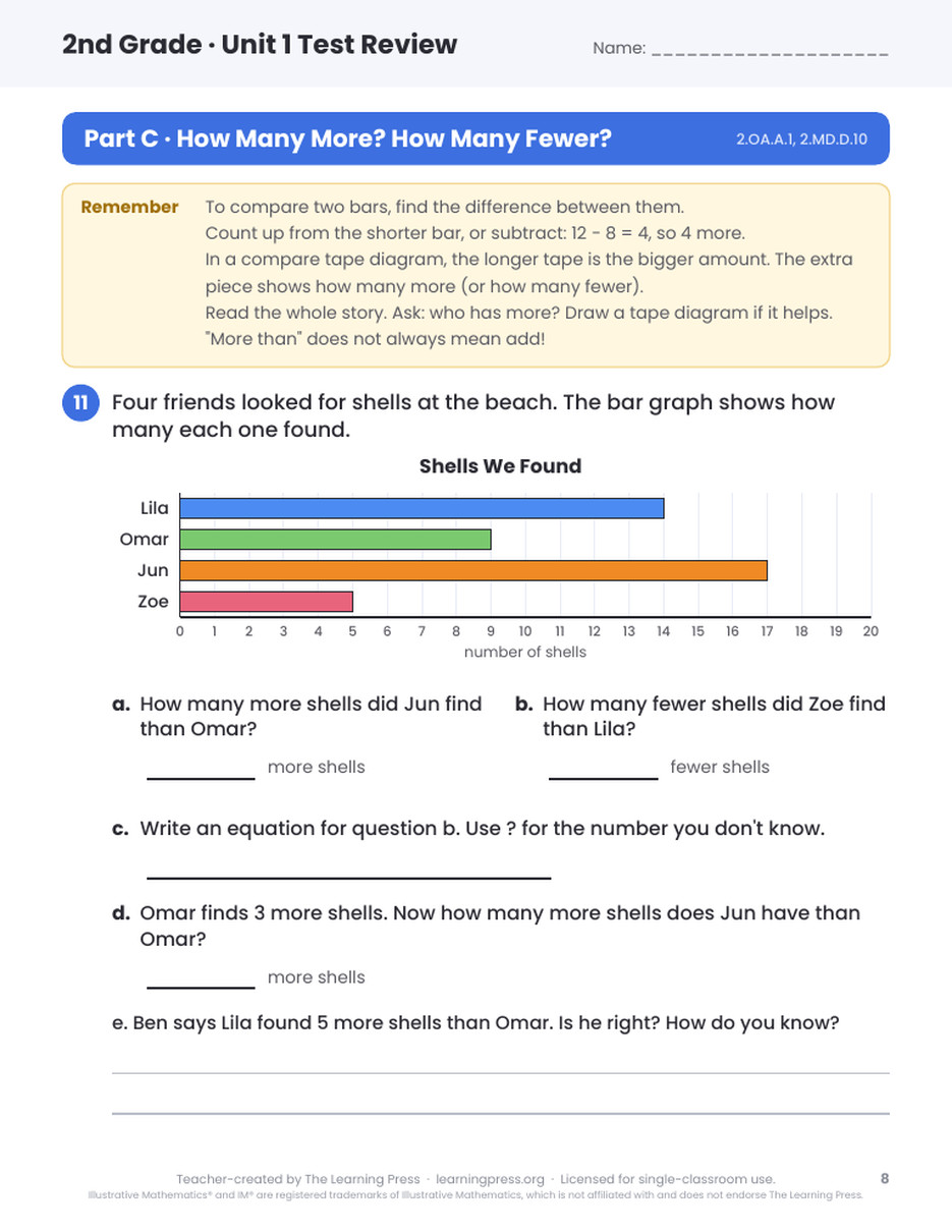 Preview page 3 of Illustrative Math (IM®) Aligned 2nd Grade Unit 1 Test Review