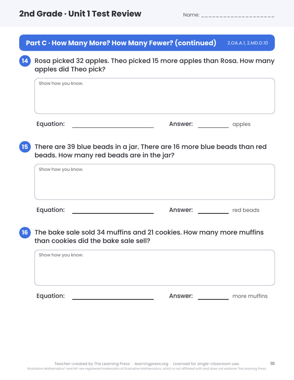 Preview page 4 of Illustrative Math (IM®) Aligned 2nd Grade Unit 1 Test Review