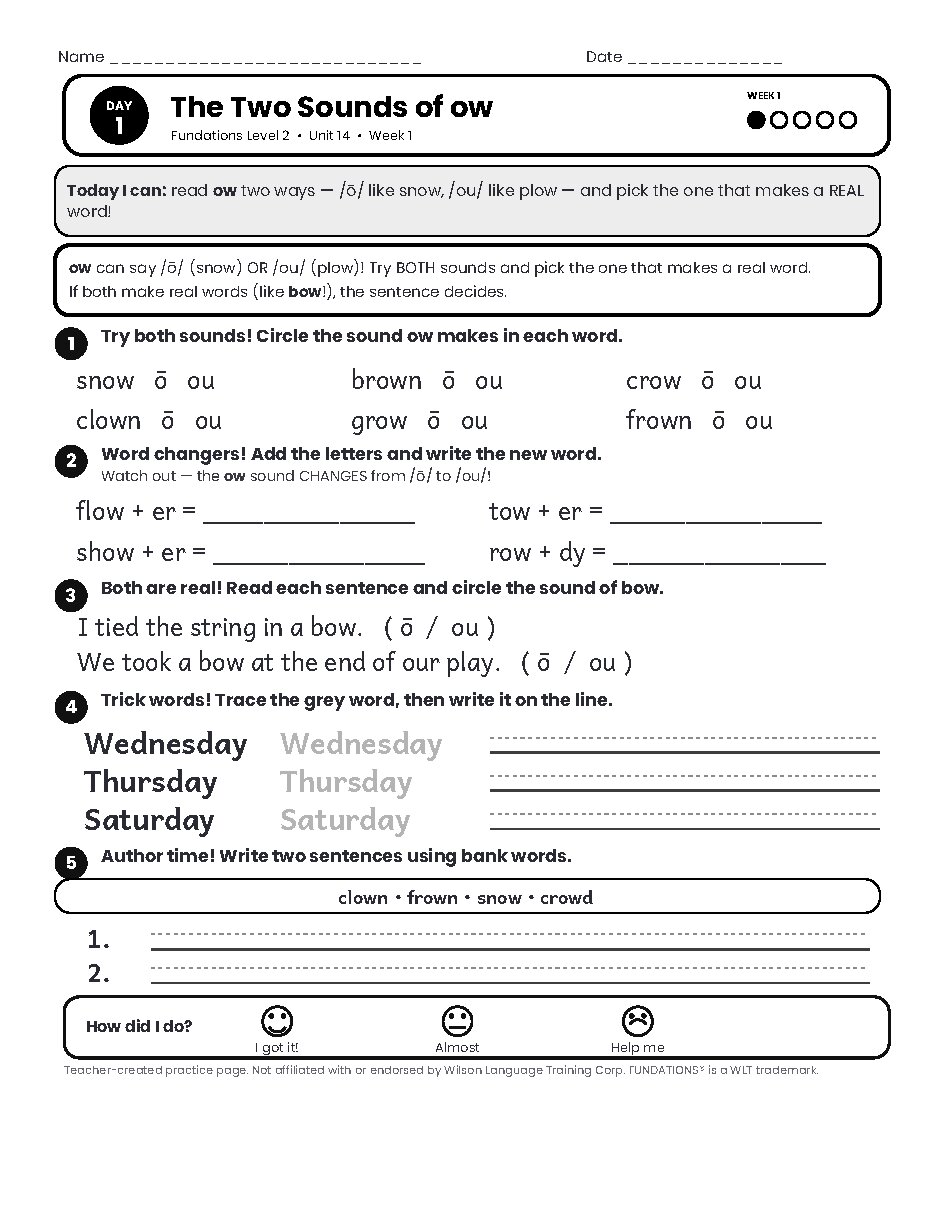 Preview page 2 of Fundations Level 2 Unit 14 Practice Pack