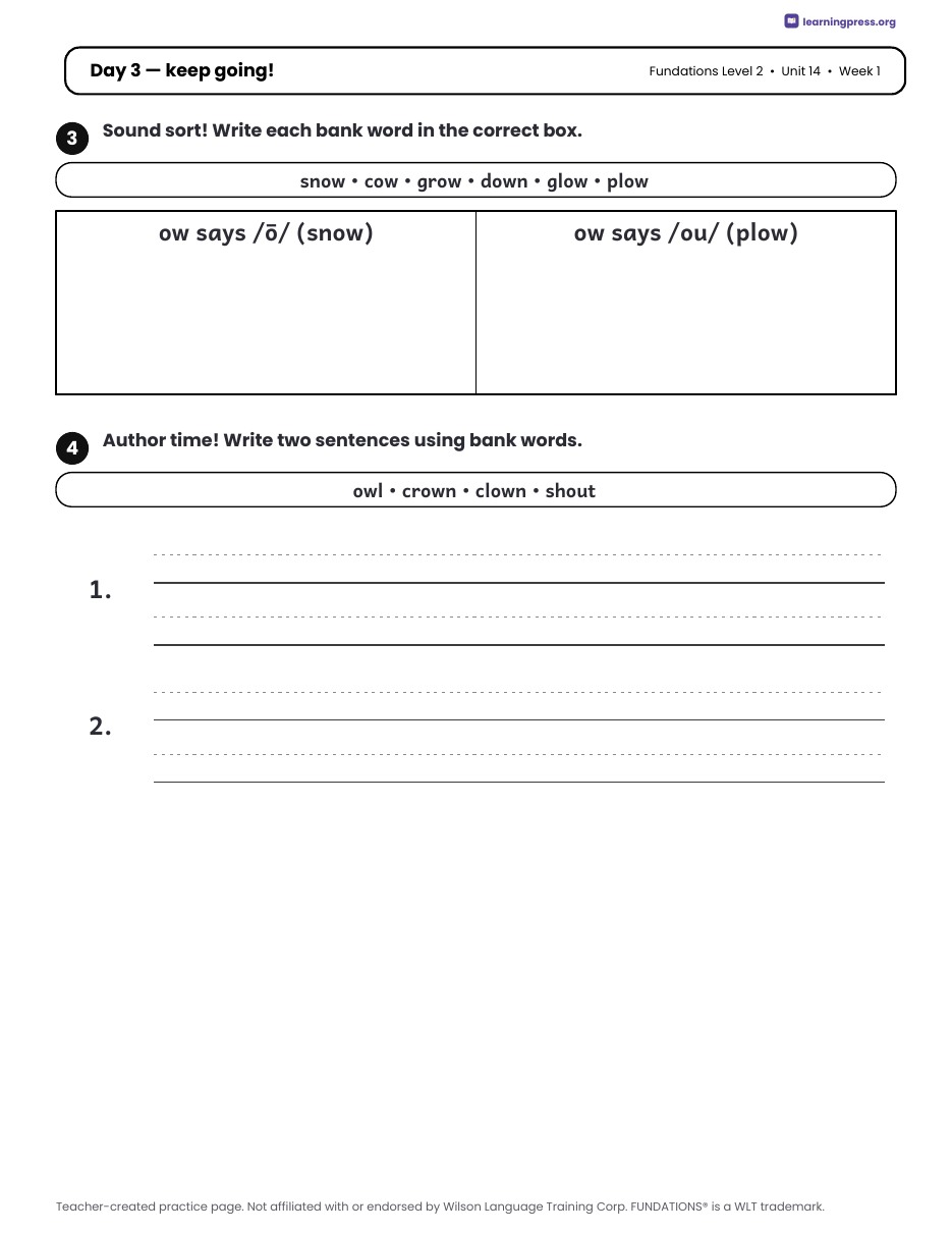 Preview page 2 of Fundations Level 2 Unit 14 Daily Lesson Work Pages