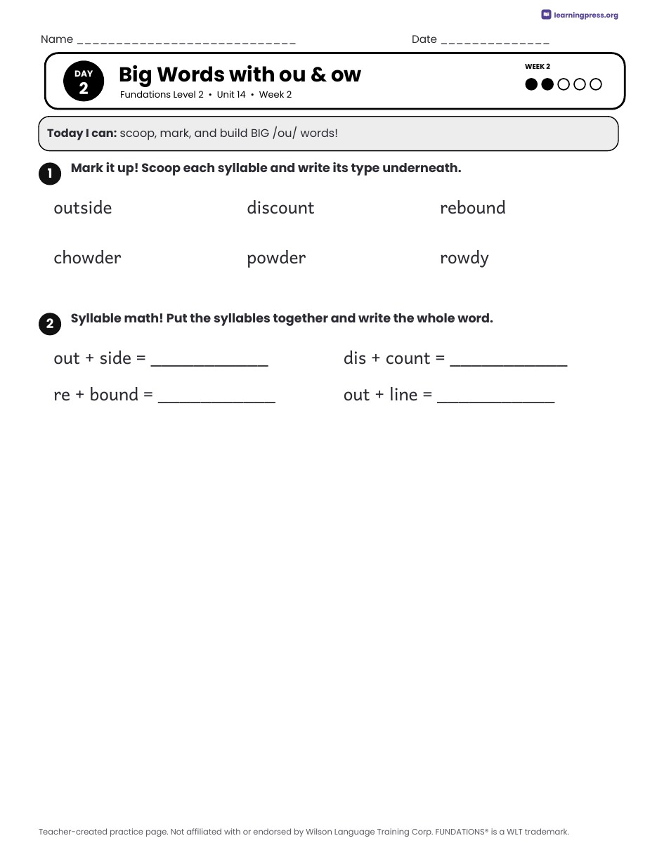 Preview page 3 of Fundations Level 2 Unit 14 Daily Lesson Work Pages