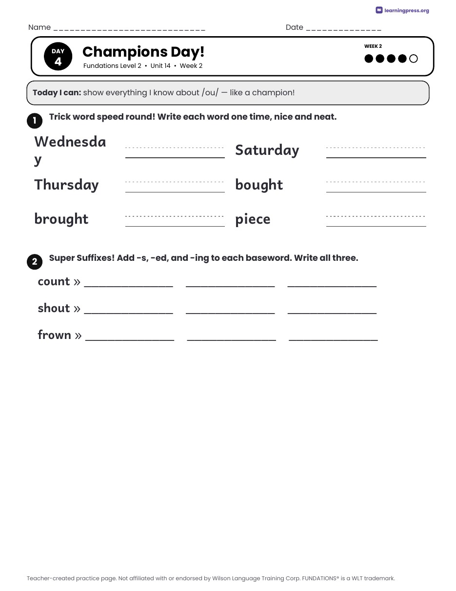 Preview page 4 of Fundations Level 2 Unit 14 Daily Lesson Work Pages