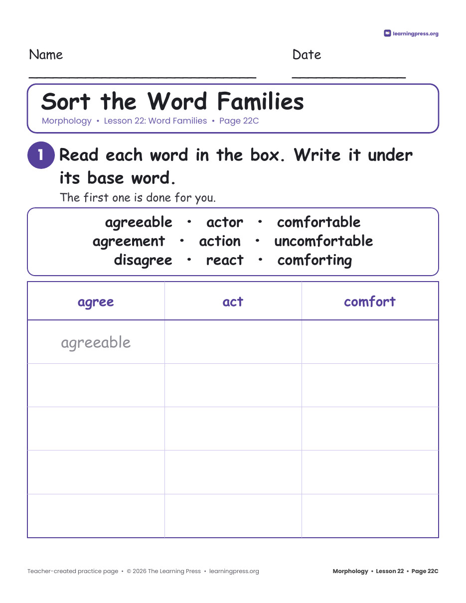 Preview page 3 of Grade 3 Morphology Unit 5: Long Words, Word Families, Roots · Slides + Pages