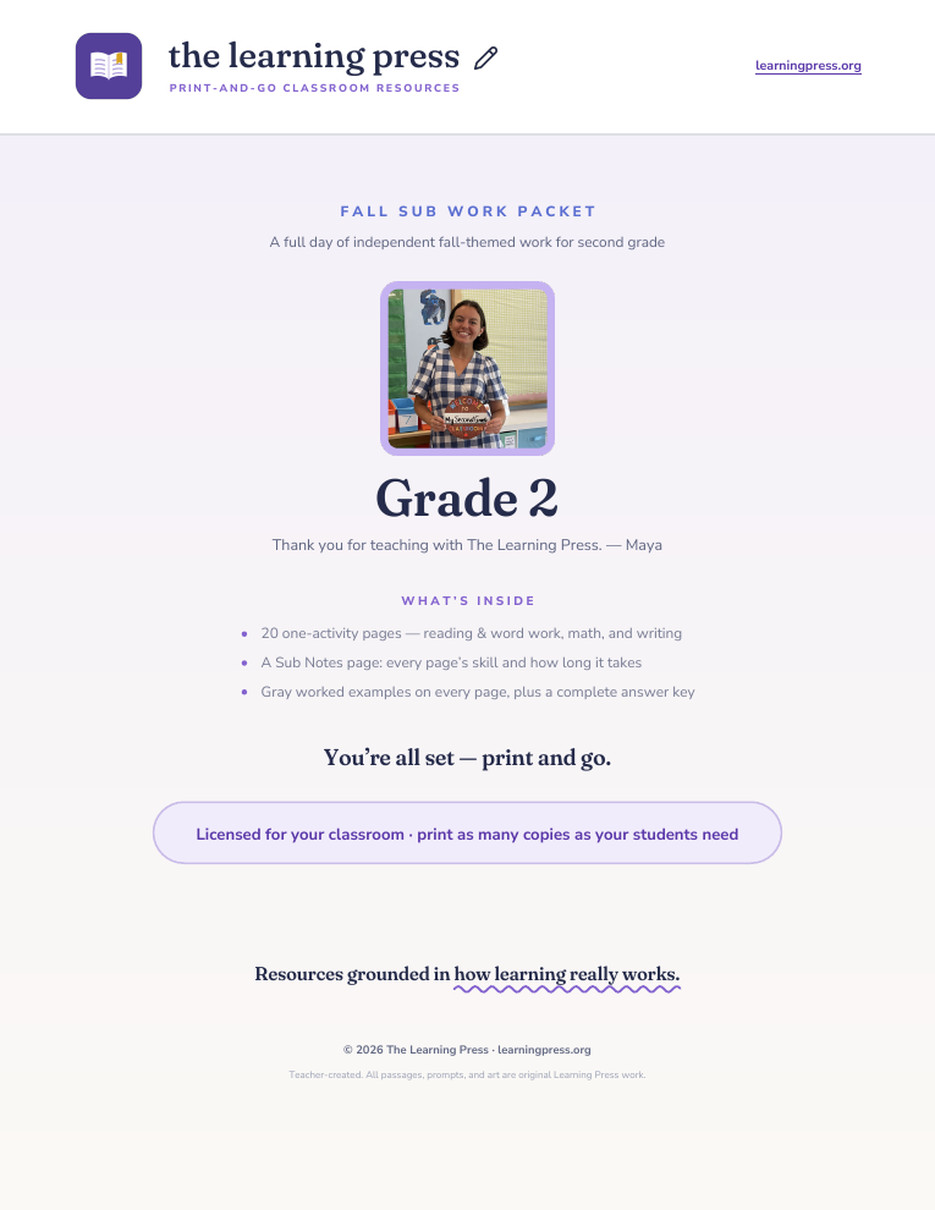 Preview page 1 of Fall Sub Work Packet · Grade 2