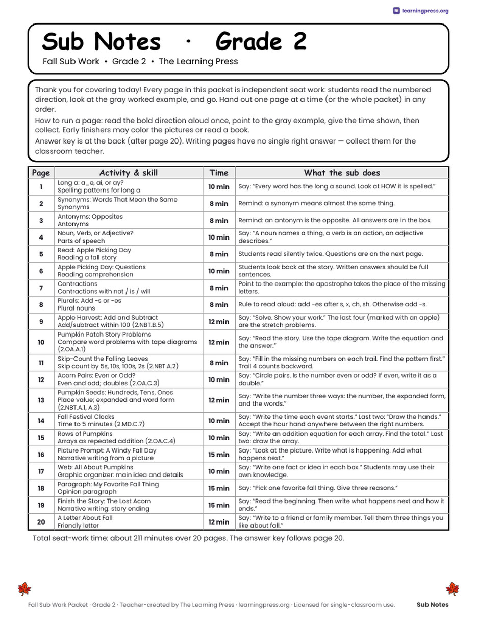 Preview page 2 of Fall Sub Work Packet · Grade 2