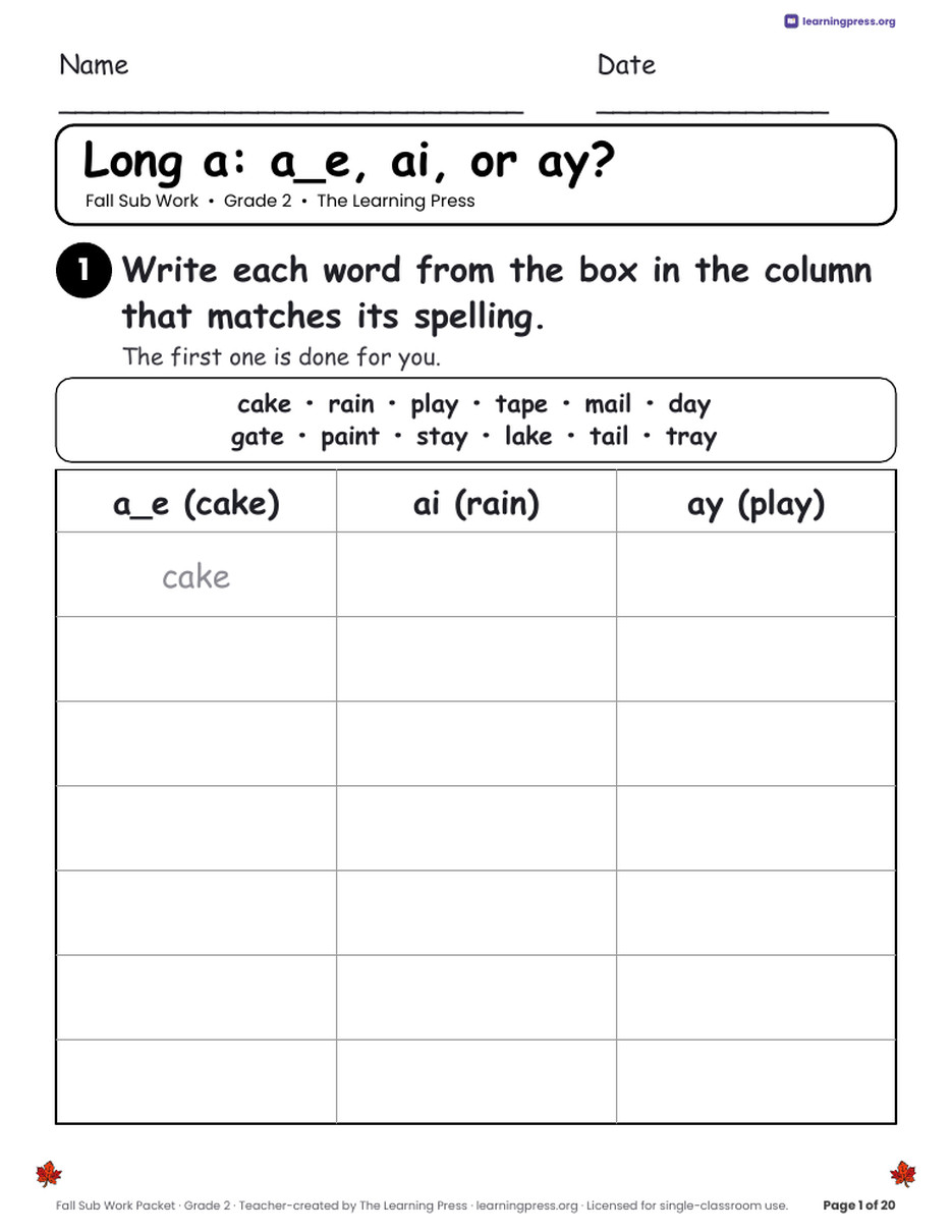 Preview page 3 of Fall Sub Work Packet · Grade 2