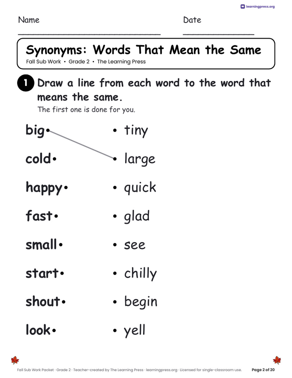 Preview page 4 of Fall Sub Work Packet · Grade 2