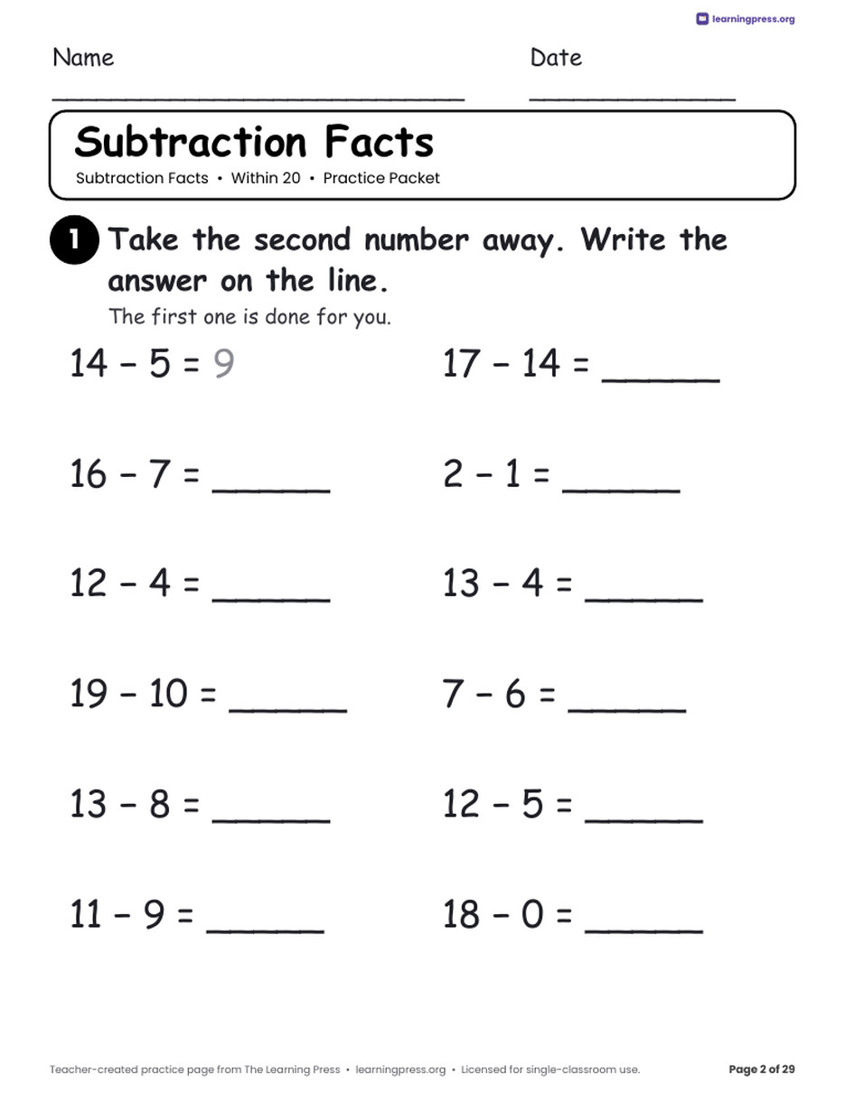 Preview page 2 of Subtraction Practice Packet · Within 20
