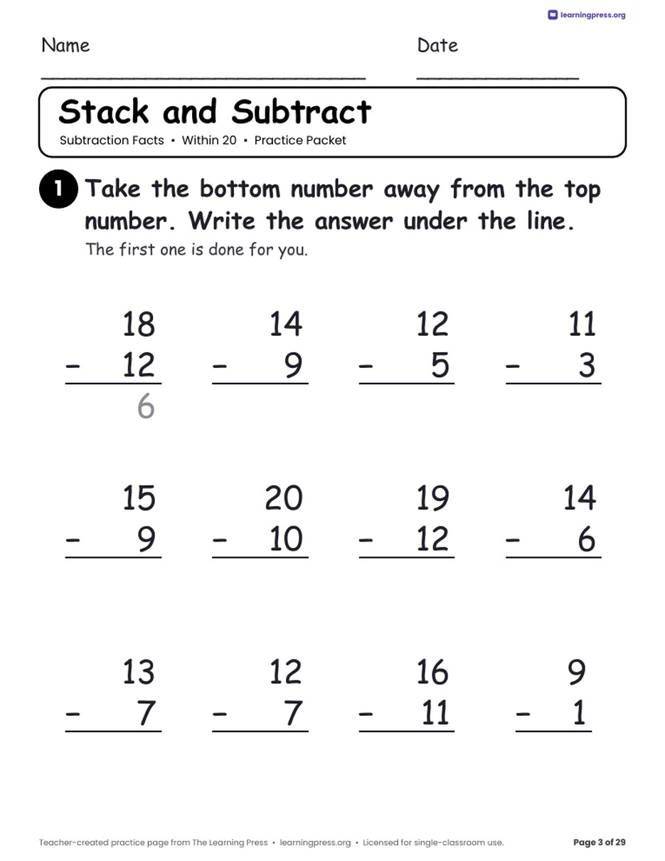 Preview page 3 of Subtraction Practice Packet · Within 20