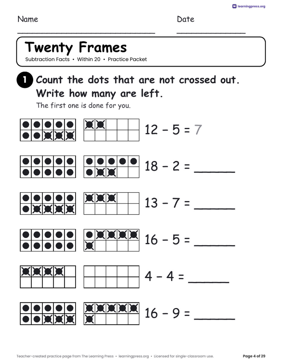 Preview page 4 of Subtraction Practice Packet · Within 20