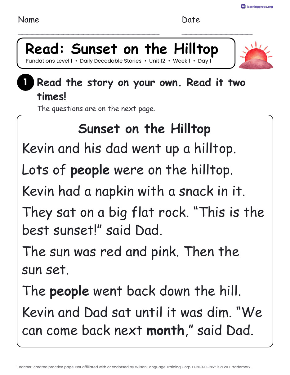 Preview page 1 of Fundations Level 1 Unit 12 Daily Decodable Stories