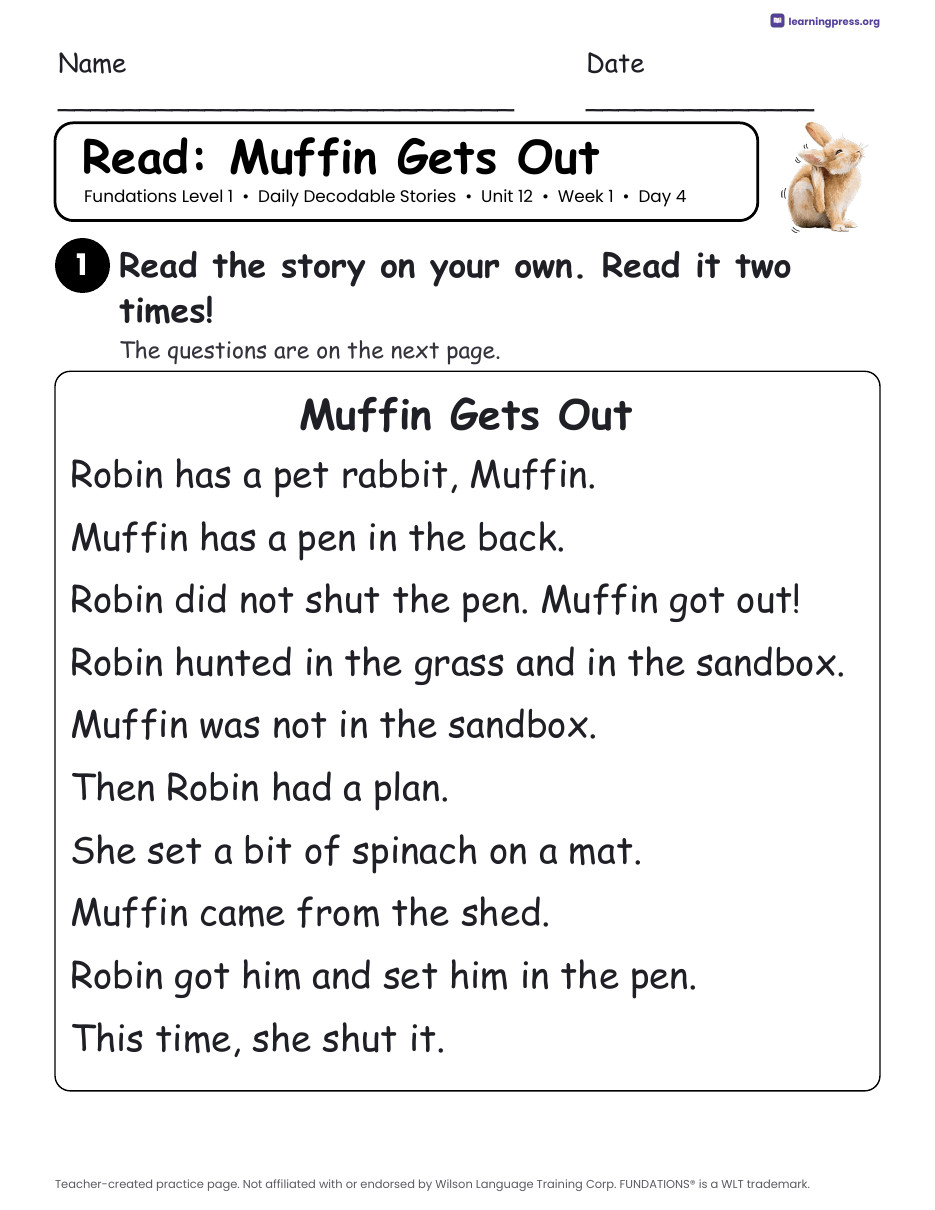 Preview page 2 of Fundations Level 1 Unit 12 Daily Decodable Stories
