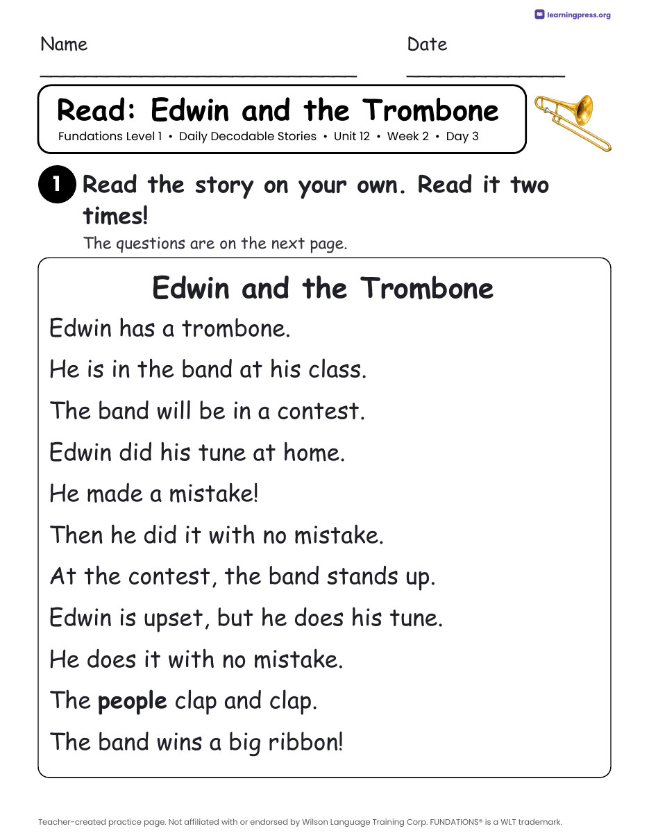Preview page 3 of Fundations Level 1 Unit 12 Daily Decodable Stories