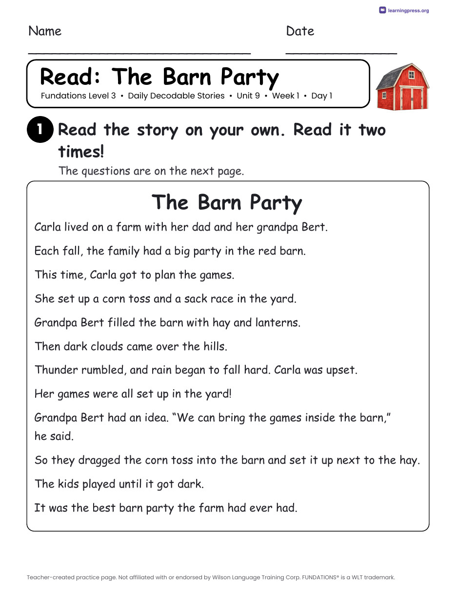 Preview page 1 of Fundations Level 3 Unit 9 Daily Decodable Stories